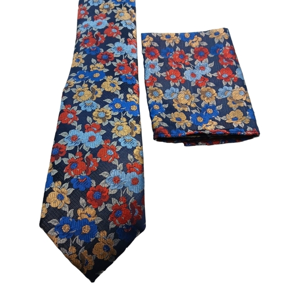 Pierre Cardin Floral Mens Tie & Pocket Square Blue Pink 60" - Picture 1 of 5